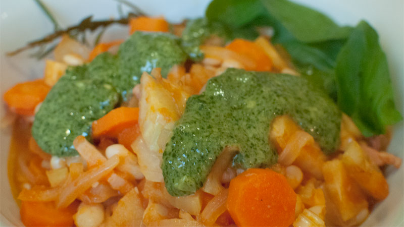 Winter vegetable stew with pesto