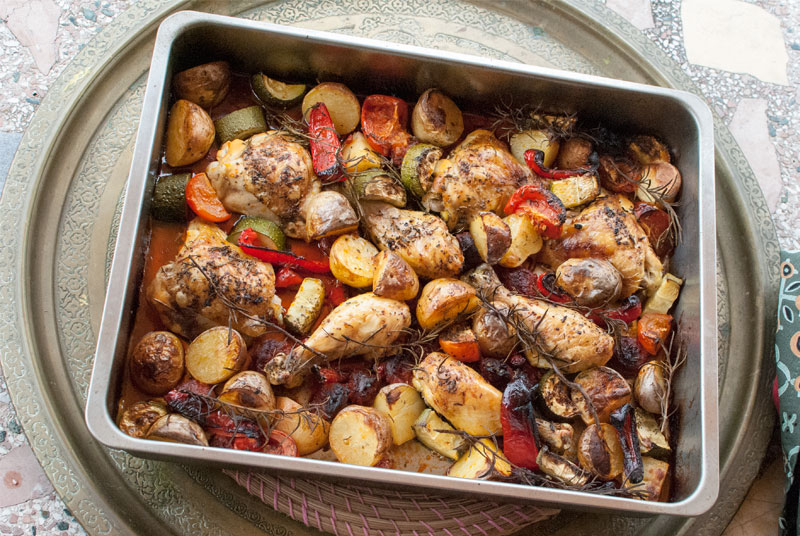 Baked chicken thighs with chorizo and orange