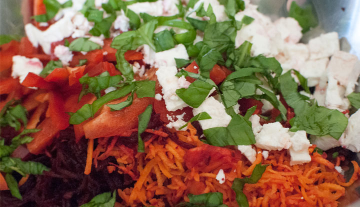 Colourful beetroot and carrot salad with feta