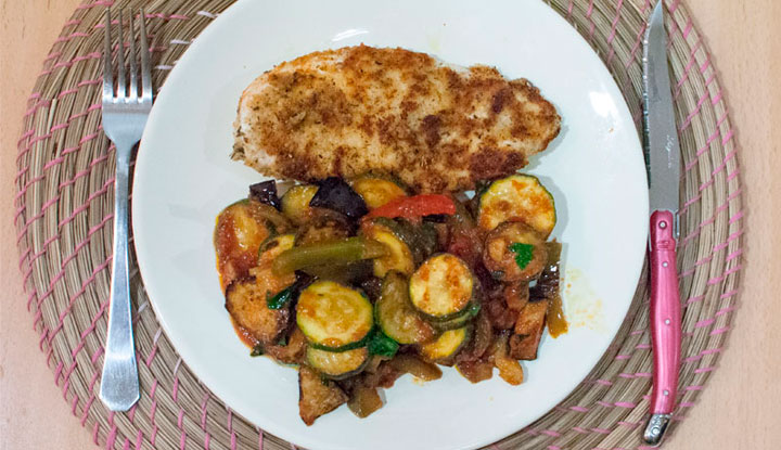 Crispy fried chicken parmesan & herbs with homemade ratatouille